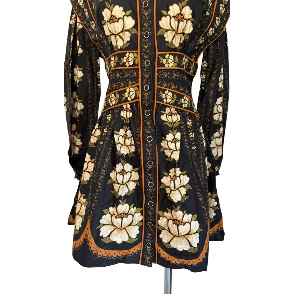 Farm Rio Topstitching Long Sleeve Mini Dress in Black Embroidered Flower Small - Picture 8 of 14